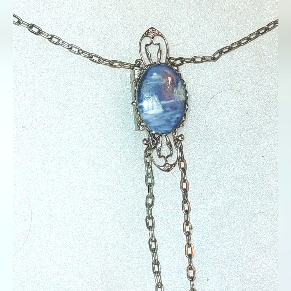 Blue & White Sailboat Image Cabochon Bolo Necklace Silver Metalwork - Picture 2 of 8
